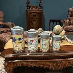 Galvanized Vintage Style Tin Flour, Sugar, Coffee And Tea Canisters Set